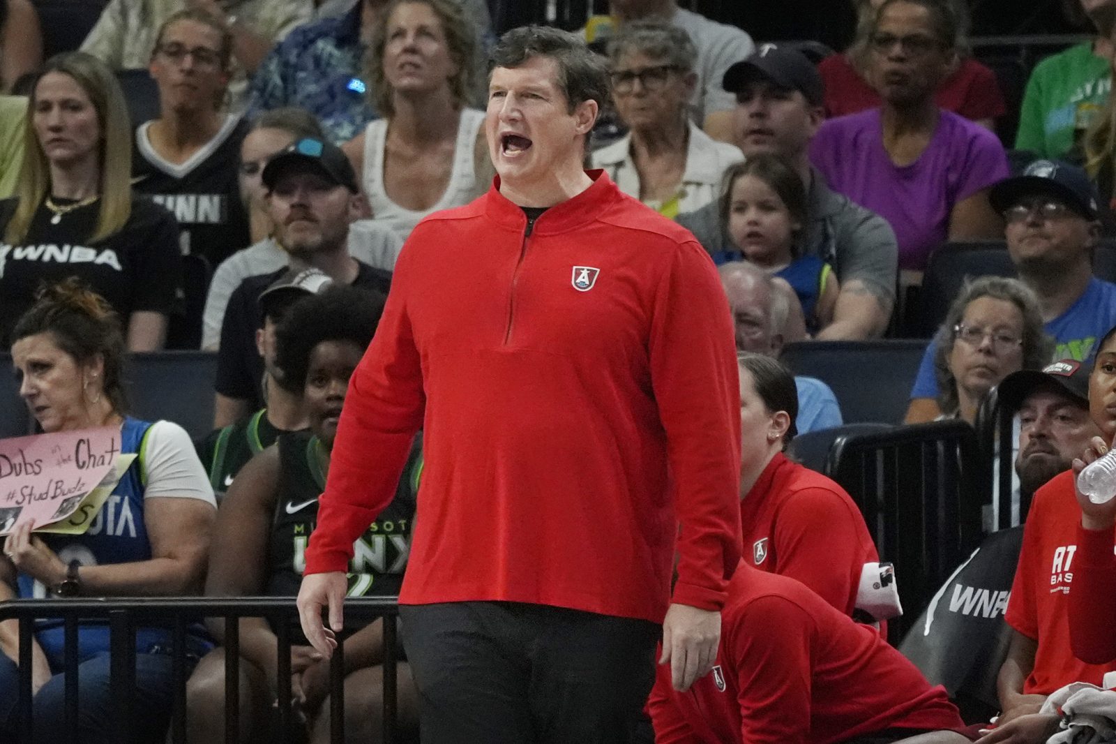 Jul 27, 2025; Minneapolis, Minnesota, USA; Atlanta Dream head coach Karl Smesko directs his team as they play the Minnesota Lynx in the first quarter at Target Center.