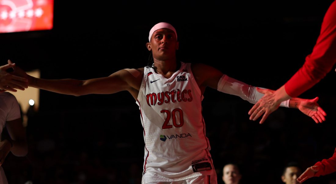 Jul 31, 2025; Washington, District of Columbia, USA; Washington Mystics guard Brittney Sykes (20) is introduced prior to the mystics' game against the Golden State Valkyries at CareFirst Arena. Mandatory Credit: Geoff Burke-Imagn Images