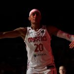 Jul 31, 2025; Washington, District of Columbia, USA; Washington Mystics guard Brittney Sykes (20) is introduced prior to the mystics' game against the Golden State Valkyries at CareFirst Arena. Mandatory Credit: Geoff Burke-Imagn Images