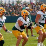 Green Bay Packers offensive linemen Tyler Cooper (60), JJ Lippe (61) and Brant Banks (72) run through a drill during practice on Friday, August 1, 2025, at Ray Nitschke Field in Ashwaubenon, Wis.