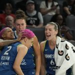 Aug 2, 2025; Las Vegas, Nevada, USA; Minnesota Lynx guard Courtney Williams (10), forward Jessica Shepard (15) and forward Bridget Carleton (6) celebrates a blocked shot by guard Natisha Hiedeman (2) against the Las Vegas Aces during the fourth quarter of their game at Michelob Ultra Arena.