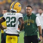 Green Bay Packers head coach Matt LaFleur talks to wide receiver Matthew Golden (22) during Family Night on Saturday, August 2, 2025, at Lambeau Field in Green Bay, Wis. Tork Mason/USA TODAY NETWORK-Wisconsin