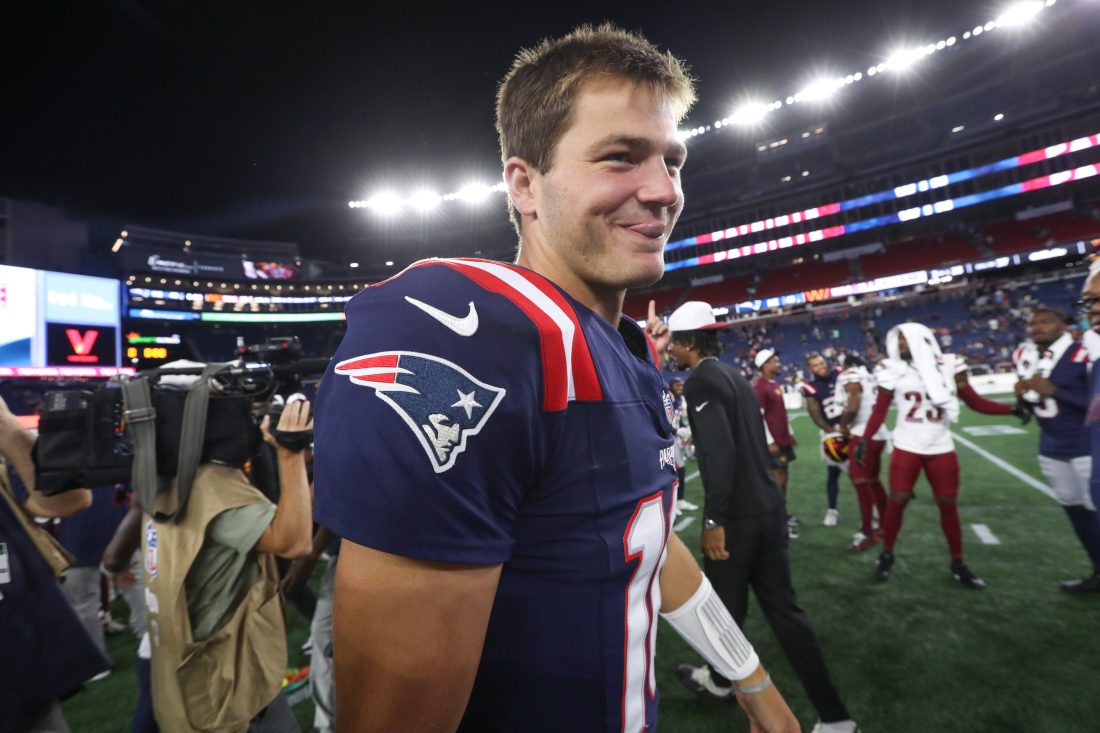 Aug 8, 2025; Foxborough, Massachusetts, USA; New England Patriots quarterback Drake Maye (10) reacts after defeating the Washington Commanders at Gillette Stadium. Mandatory Credit: Paul Rutherford-Imagn Images