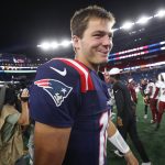 Aug 8, 2025; Foxborough, Massachusetts, USA; New England Patriots quarterback Drake Maye (10) reacts after defeating the Washington Commanders at Gillette Stadium. Mandatory Credit: Paul Rutherford-Imagn Images