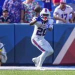 Aug 9, 2025; Orchard Park, New York, USA; Buffalo Bills running back Frank Gore Jr. (20) makes a catch against the New York Giants during the second half at Highmark Stadium.