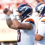 Aug 9, 2025; Santa Clara, California, USA; Denver Broncos quarterback Bo Nix (10) signals to the sideline in the first quarter against the San Francisco 49ers at Levi's Stadium. Mandatory Credit: David Gonzales-Imagn Images