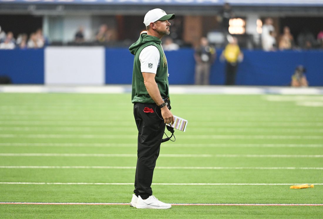 Aug 16, 2025; Indianapolis, Indiana, USA; Green Bay Packers head coach Matt LaFleur reacts to a call during the first half against the Indianapolis Colts at Lucas Oil Stadium. Mandatory Credit: Robert Goddin-Imagn Images