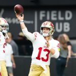 Aug 16, 2025; Paradise, Nevada, USA; San Francisco 49ers quarterback Brock Purdy (13) warms up before a preseason game against the Las Vegas Raiders at Allegiant Stadium. Mandatory Credit: Stephen R. Sylvanie-Imagn Images