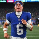 Aug 16, 2025; East Rutherford, New Jersey, USA; New York Giants quarterback Jaxson Dart (6) leaves the field following a game against the New York Jets at MetLife Stadium. Mandatory Credit: Rich Barnes-Imagn Images