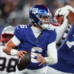 Aug 21, 2025; East Rutherford, New Jersey, USA; New York Giants quarterback Jaxson Dart (6) drops back to pass during the first half against the New England Patriots at MetLife Stadium. Mandatory Credit: Vincent Carchietta-Imagn Images