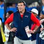 New England Patriots Head Coach, Mike Vrabel is shown on the sideline, Thursday, August 21, 2025, in East Rutherford.