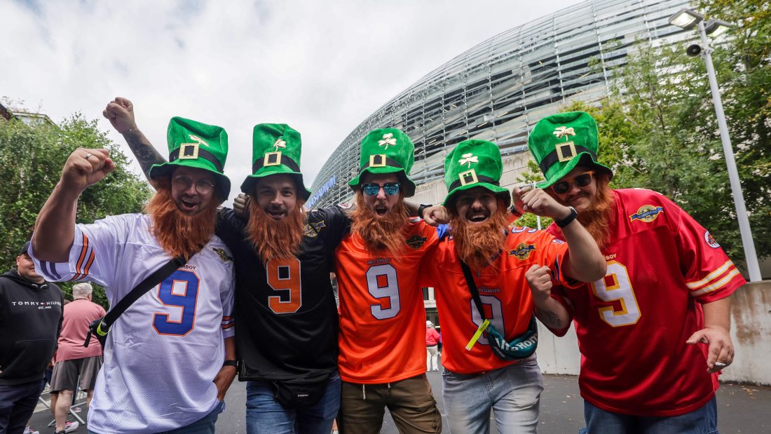 Aug 23, 2025; Dublin, IRELAND; College football fans arrive before the Aer Lingus Classic between Iowa State and Kansas State at Aviva Stadium. Mandatory Credit: Laszlo Geczo/INPHO via Imagn Images