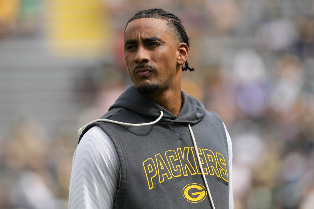 Aug 23, 2025; Green Bay, Wisconsin, USA; Green Bay Packers quarterback Jordan Love (10) during warmups prior to the game against the Seattle Seahawks at Lambeau Field. Mandatory Credit: Jeff Hanisch-Imagn Images