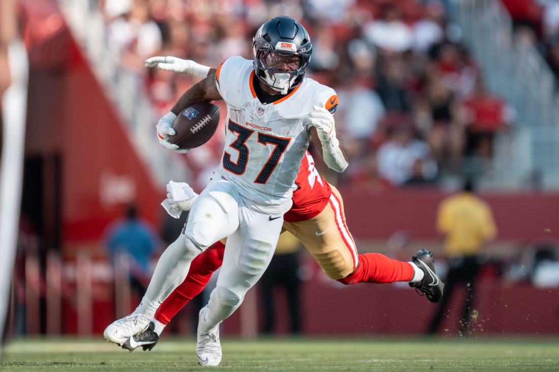 August 9, 2025; Santa Clara, California, USA; Denver Broncos running back RJ Harvey (37) during the first quarter against the San Francisco 49ers at Levi's Stadium. Mandatory Credit: Kyle Terada-Imagn Images