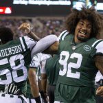 Sep 1, 2016; Philadelphia, PA, USA; New York Jets defensive tackle Leonard Williams (92) and linebacker Erin Henderson (58) react on the sideline during the second half against the Philadelphia Eagles at Lincoln Financial Field. The Philadelphia Eagles won 14-6. Mandatory Credit: Bill Streicher-USA TODAY Sports