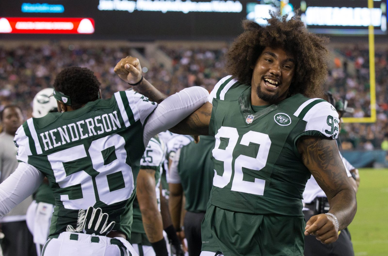 Sep 1, 2016; Philadelphia, PA, USA; New York Jets defensive tackle Leonard Williams (92) and linebacker Erin Henderson (58) react on the sideline during the second half against the Philadelphia Eagles at Lincoln Financial Field. The Philadelphia Eagles won 14-6. Mandatory Credit: Bill Streicher-USA TODAY Sports