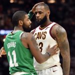 Oct 17, 2017; Cleveland, OH, USA; Cleveland Cavaliers forward LeBron James (23) and Boston Celtics guard Kyrie Irving (11) meet after the Cavs beat the Celtics 102-99 at Quicken Loans Arena.