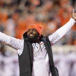 Nov 27, 2021; Stillwater, Oklahoma, USA; Oklahoma State Cowboys former receiver Dez Bryant waves to the fans during the first half of a game against the Oklahoma Sooners at Boone Pickens Stadium.