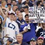 Sep 11, 2022; Nashville, Tennessee, USA; Tennessee Titans fans from Australia watch a game during the fourth quarter agains the New York Giants at Nissan Stadium.