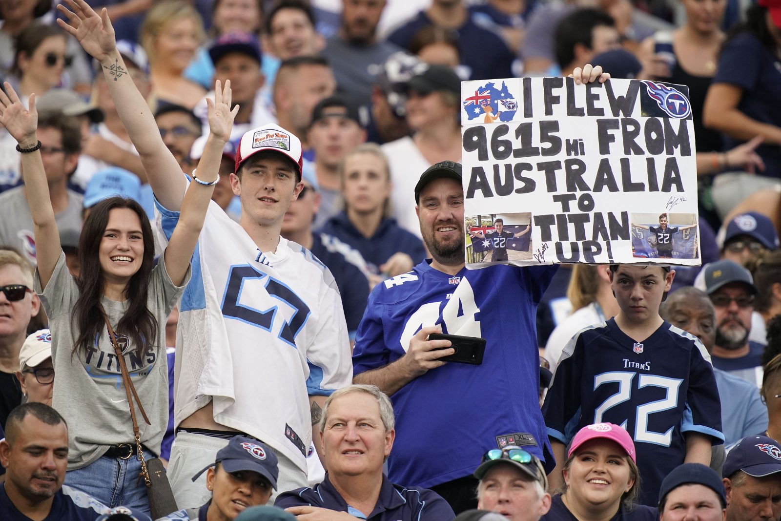 Sep 11, 2022; Nashville, Tennessee, USA; Tennessee Titans fans from Australia watch a game during the fourth quarter agains the New York Giants at Nissan Stadium.