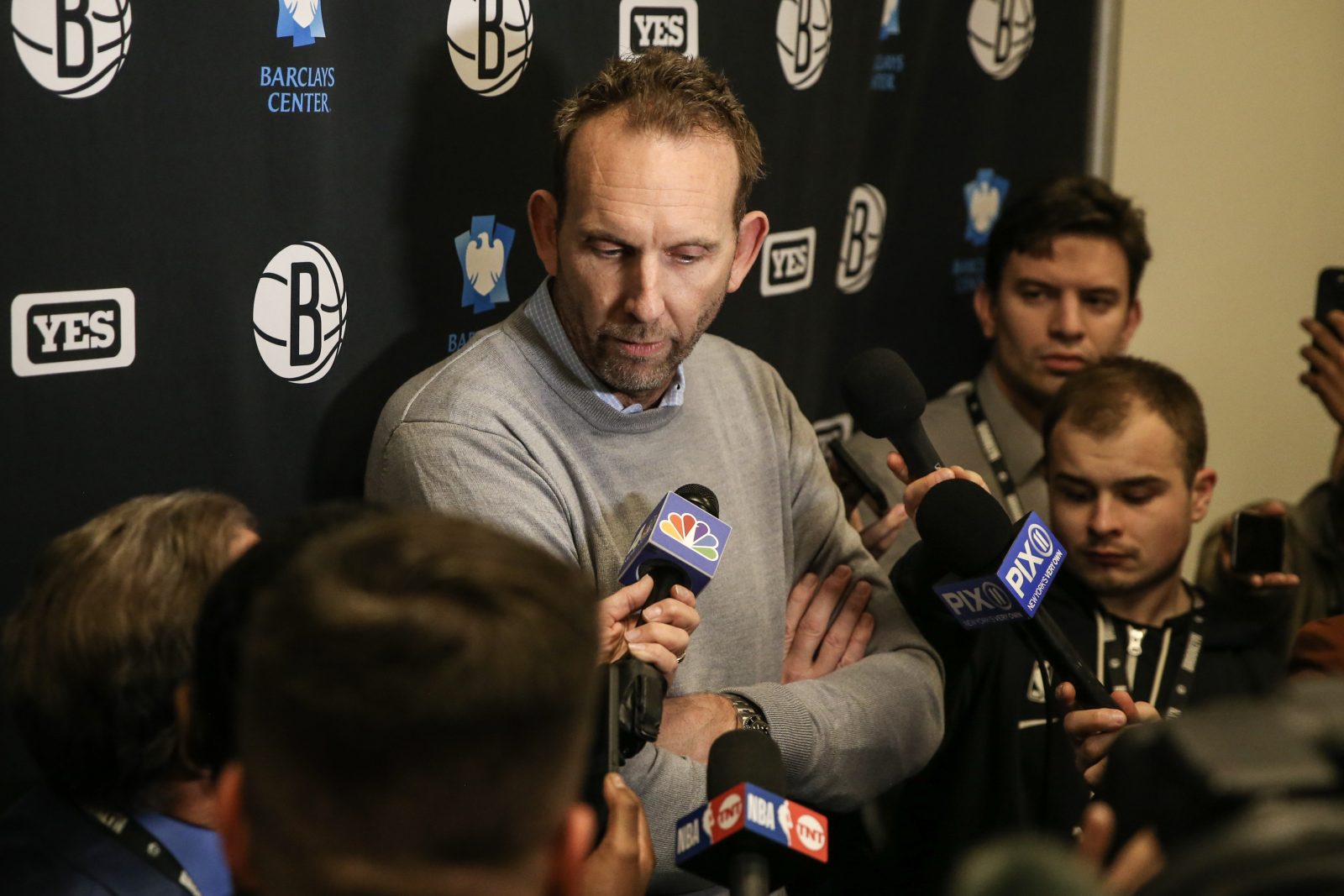 Feb 9, 2023; Brooklyn, New York, USA; Brooklyn Nets General Manager Sean Marks addresses the media prior to the game against the Chicago Bulls at Barclays Center.