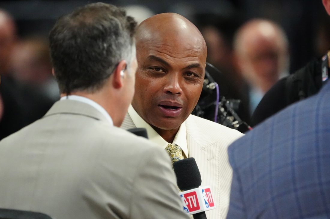 Jun 4, 2023; Denver, CO, USA; TNT sports analyst Charles Barkley speaks before game two between the Miami Heat and the Denver Nuggets in the 2023 NBA Finals at Ball Arena. Mandatory Credit: Ron Chenoy-USA TODAY Sports