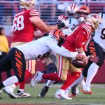 Oct 29, 2023; Santa Clara, California, USA; Cincinnati Bengals defensive end Trey Hendrickson (91) forces a fumble by San Francisco 49ers quarterback Brock Purdy (13) during the fourth quarter at Levi's Stadium. Mandatory Credit: Kelley L Cox-USA TODAY Sports