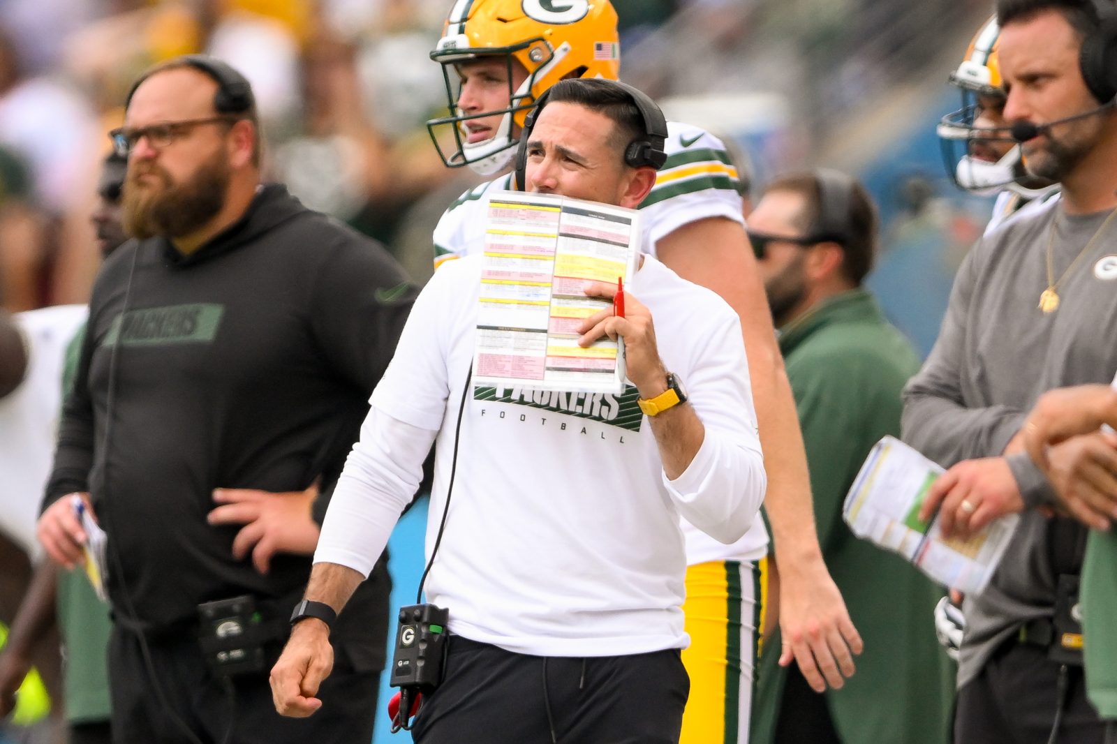 Sep 22, 2024; Nashville, Tennessee, USA; Green Bay Packers head coach Matt LaFluer looks on against the Tennessee Titans during the second half at Nissan Stadium. Mandatory Credit: Steve Roberts-Imagn Images