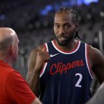 Sep 30, 2024; Inglewood, CA, USA; Los Angeles Clippers forward Kawhi Leonard (2) talks with team owner Steve Ballmer during media day at Intuit Dome. Mandatory Credit: Jayne Kamin-Oncea-Imagn Images