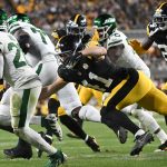 Oct 20, 2024; Pittsburgh, Pennsylvania, USA; Pittsburgh Steelers linebacker Payton Wilson (41) chases New York Jets running back Breece Hall (20) during the third quarter at Acrisure Stadium. Mandatory Credit: Barry Reeger-Imagn Images