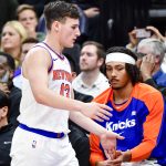 Nov 23, 2024; Salt Lake City, Utah, USA; New York Knicks guard Tyler Kolek (13) goes back to the bench against the Utah Jazz during the second half at the Delta Center. Mandatory Credit: Christopher Creveling-Imagn Images