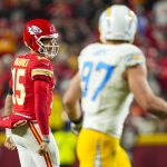 Dec 8, 2024; Kansas City, Missouri, USA; Kansas City Chiefs quarterback Patrick Mahomes (15) reacts after a first down during the second half against the Los Angeles Chargers at GEHA Field at Arrowhead Stadium.