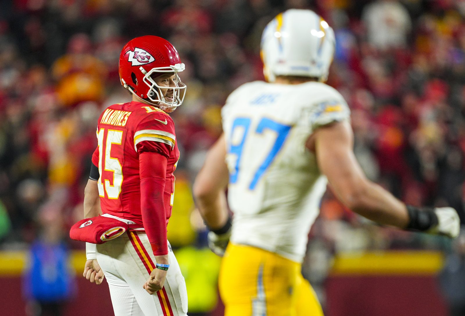 Dec 8, 2024; Kansas City, Missouri, USA; Kansas City Chiefs quarterback Patrick Mahomes (15) reacts after a first down during the second half against the Los Angeles Chargers at GEHA Field at Arrowhead Stadium.