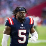 Dec 15, 2024; Glendale, Arizona, USA; New England Patriots safety Jabrill Peppers (5) against the Arizona Cardinals at State Farm Stadium. Mandatory Credit: Mark J. Rebilas-Imagn Images