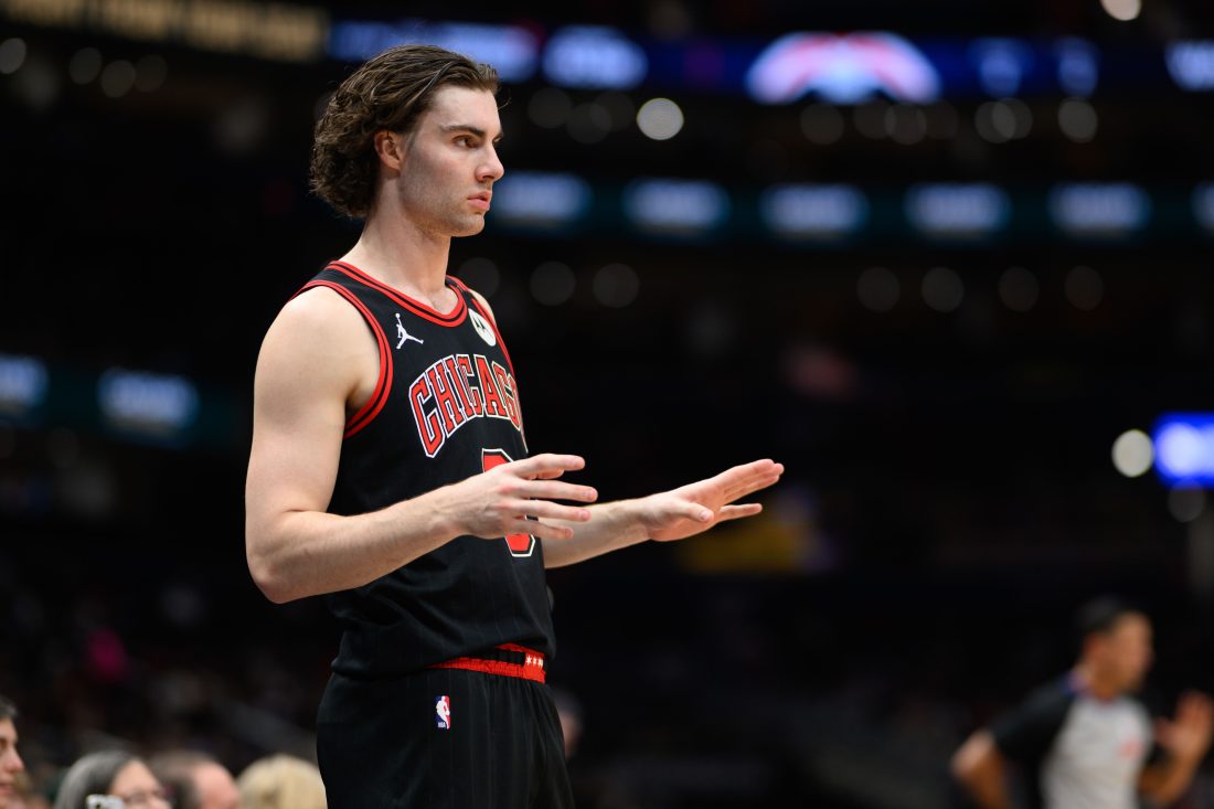 Jan 1, 2025; Washington, District of Columbia, USA; Chicago Bulls guard Josh Giddey (3) looks on during the second quarter against the Washington Wizards at Capital One Arena. Mandatory Credit: