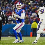 Buffalo Bills quarterback Josh Allen gets ready to throw a pass during first half action at the Buffalo Bills divisional game against the Baltimore Ravens at Highmark Stadium in Orchard Park on Jan. 19, 2025.