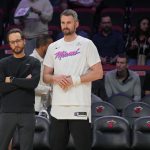 Jan 29, 2025; Miami, Florida, USA; Miami Heat forward Kevin Love (42) looks on during warm-ups before the game against the Cleveland Cavaliers at Kaseya Center. Mandatory Credit: Jim Rassol-Imagn Images