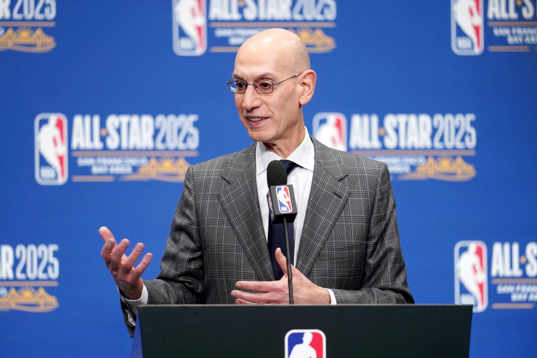 Feb 15, 2025; San Francisco, CA, USA; NBA commissioner Adam Silver speaks in a press conference during All Star Saturday Night ahead of the 2025 NBA All Star Game at Chase Center.