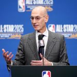 Feb 15, 2025; San Francisco, CA, USA; NBA commissioner Adam Silver speaks in a press conference during All Star Saturday Night ahead of the 2025 NBA All Star Game at Chase Center.