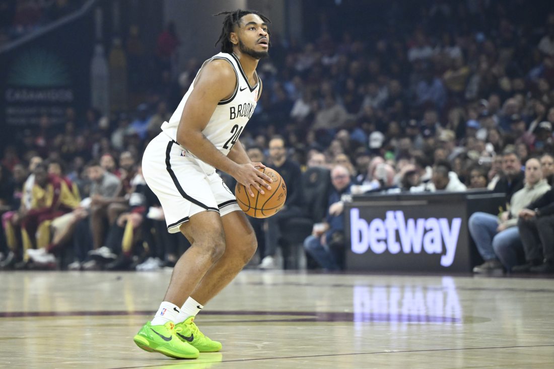 Mar 11, 2025; Cleveland, Ohio, USA; Brooklyn Nets guard Cam Thomas (24) looks to the basket in the first quarter against the Cleveland Cavaliers at Rocket Arena. Mandatory Credit: David Ri