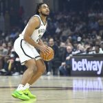 Mar 11, 2025; Cleveland, Ohio, USA; Brooklyn Nets guard Cam Thomas (24) looks to the basket in the first quarter against the Cleveland Cavaliers at Rocket Arena. Mandatory Credit: David Ri