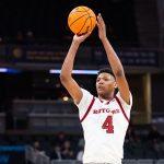 Mar 12, 2025; Indianapolis, IN, USA; Rutgers Scarlet Knights guard Ace Bailey (4) shoots the ball in the second half against the USC Trojans at Gainbridge Fieldhouse. Mandatory Credit: Trevor Ruszkowski-Imagn Images