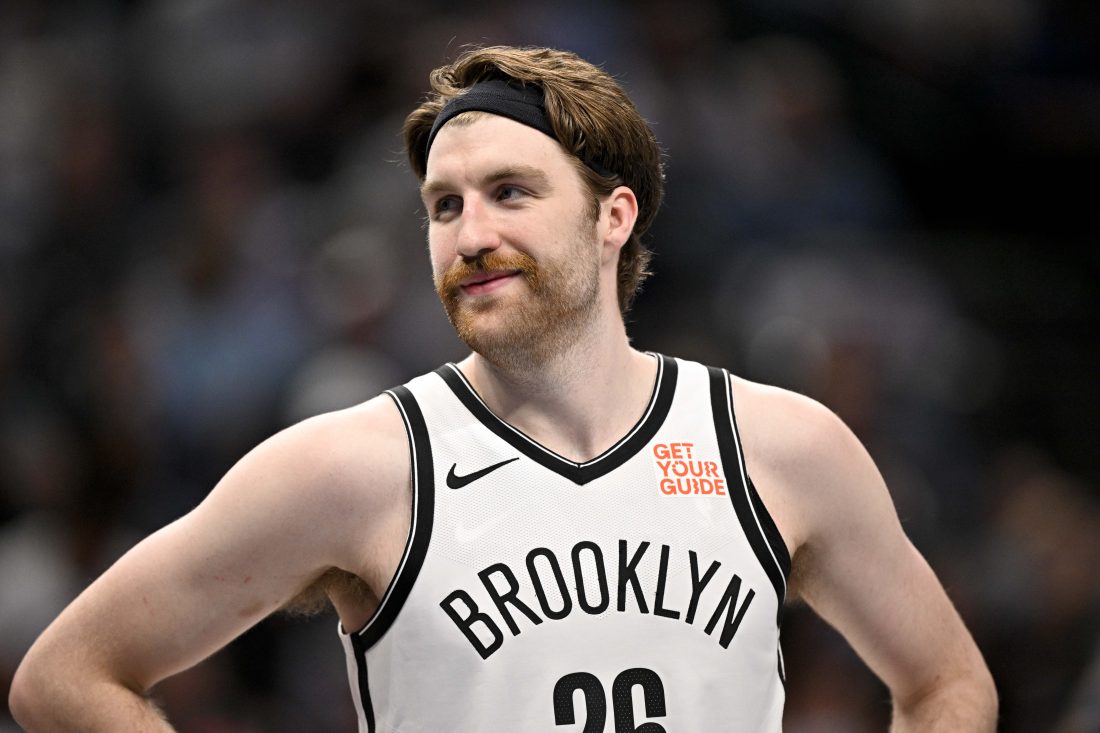 Mar 31, 2025; Dallas, Texas, USA; Brooklyn Nets forward Drew Timme (26) in action during the game between the Dallas Mavericks and the Brooklyn Nets at the American Airlines Center. Mandatory Credit: Jerome Miron-Imagn Images
