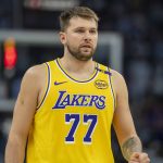 Apr 25, 2025; Minneapolis, Minnesota, USA; Los Angeles Lakers guard Luka Doncic (77) looks on against the Minnesota Timberwolves in the first half during game three of first round for the 2024 NBA Playoffs at Target Center.