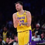 Apr 30, 2025; Los Angeles, California, USA; Los Angeles Lakers guard Luka Doncic (77) reacts during the second half in game five of first round for the 2025 NBA Playoffs at Crypto.com Arena.