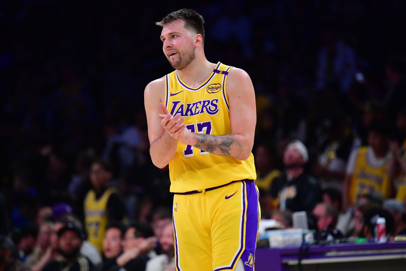 Apr 30, 2025; Los Angeles, California, USA; Los Angeles Lakers guard Luka Doncic (77) reacts during the second half in game five of first round for the 2025 NBA Playoffs at Crypto.com Arena.