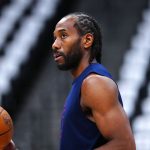 May 3, 2025; Denver, Colorado, USA; LA Clippers forward Kawhi Leonard (2) warms up before the game against the Denver Nuggets during game seven of first round for the 2025 NBA Playoffs at Ball Arena. Mandatory Credit: Ron Chenoy-Imagn Images