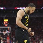 May 4, 2025; Houston, Texas, USA; Golden State Warriors guard Stephen Curry (30) reacts after a play during game seven of the first round for the 2025 NBA Playoffs against the Houston Rockets at Toyota Center.