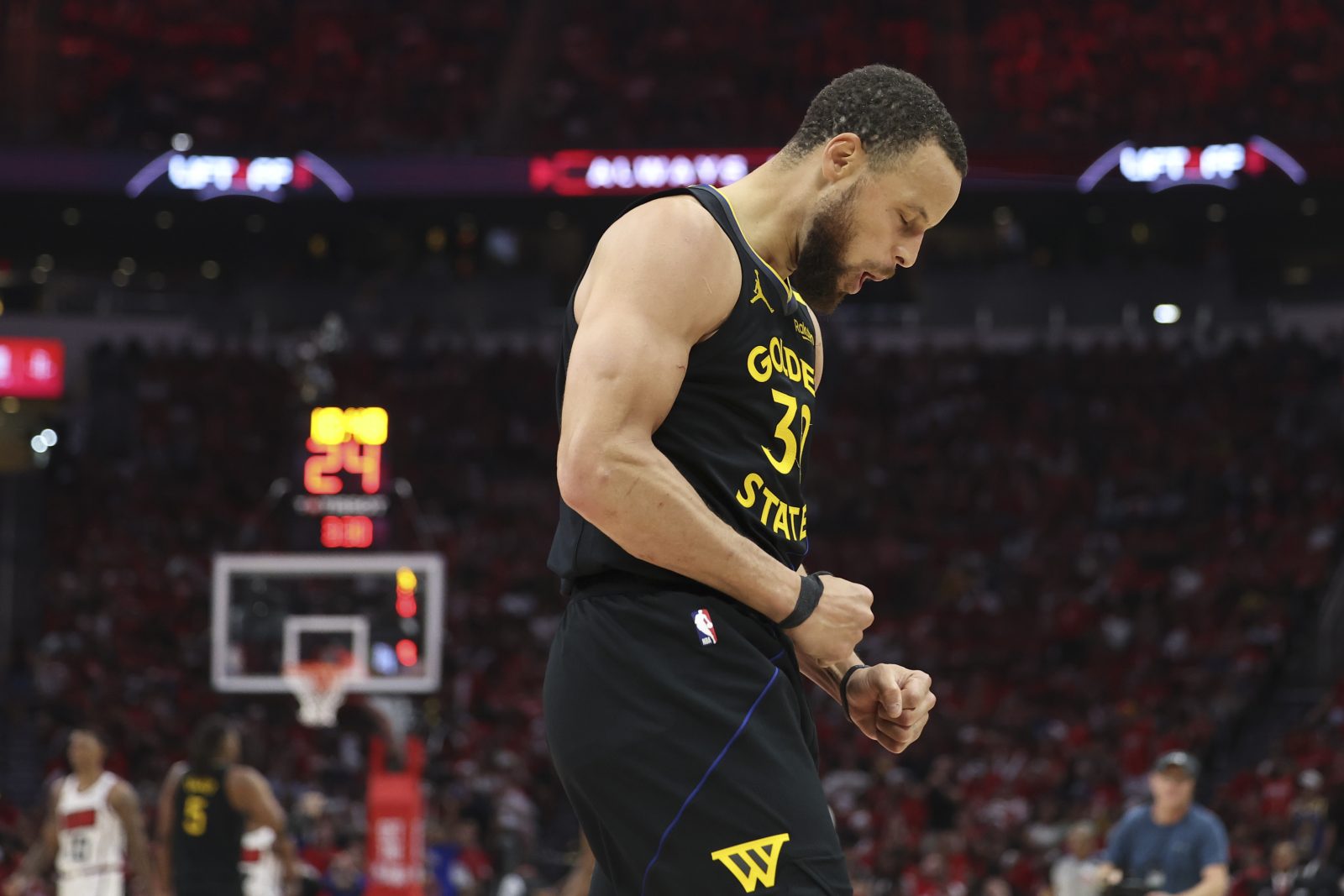 May 4, 2025; Houston, Texas, USA; Golden State Warriors guard Stephen Curry (30) reacts after a play during game seven of the first round for the 2025 NBA Playoffs against the Houston Rockets at Toyota Center.