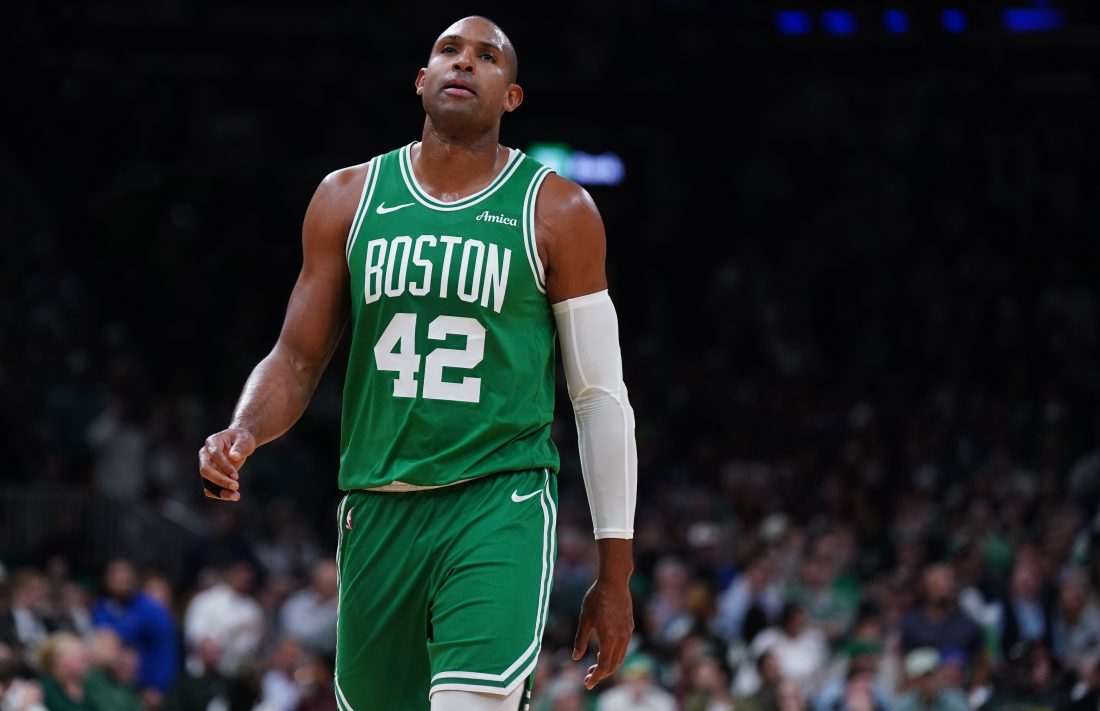 May 7, 2025; Boston, Massachusetts, USA; Boston Celtics center Al Horford (42) returns up court against the New York Knicks in the fourth quarter during game two of the second round for the 2025 NBA Playoffs at TD Garden. Mandatory Credit: David Butler II-Imagn Images